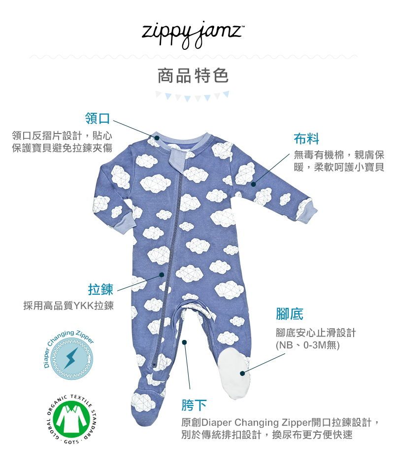 ZippyJamz有機棉寶寶拉鍊連身服 睡睡雲朵