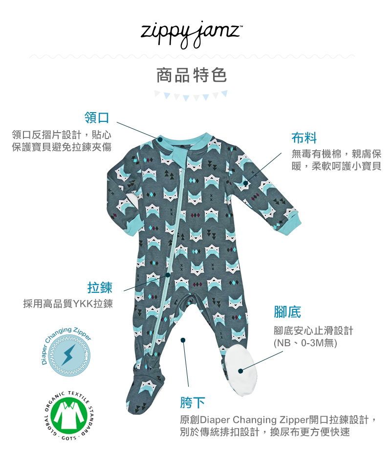 ZippyJamz有機棉寶寶拉鍊連身服 綠色狐狸