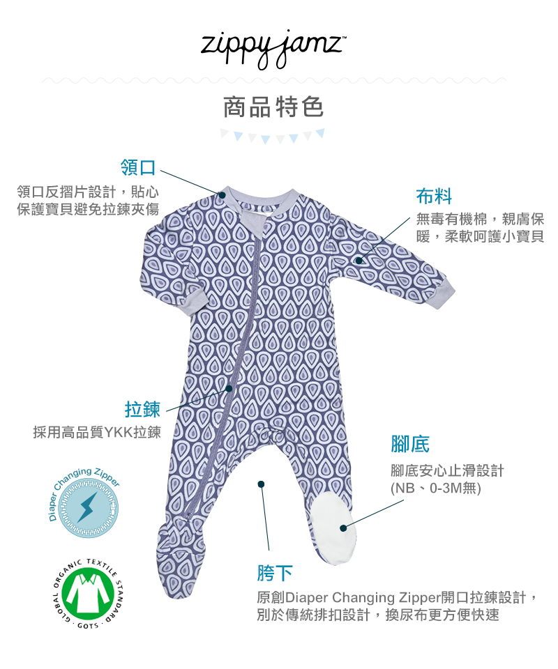 ZippyJamz有機棉寶寶拉鍊連身服 滴答夢 ZippyJamz有機棉寶寶拉鍊連身服 滴答夢